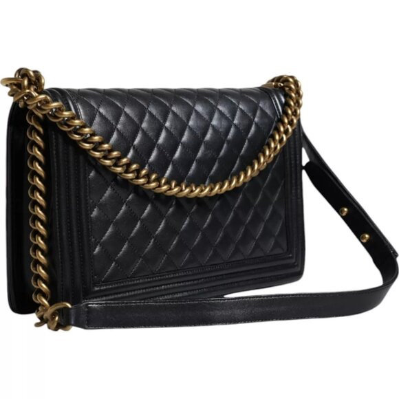 Chanel Black Large Lambskin Double Chain Gold Leather Shoulder Bag - Picture 6 of 8